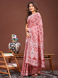 Peach Linen Cotton Saree With Blouse Piece - EZBER