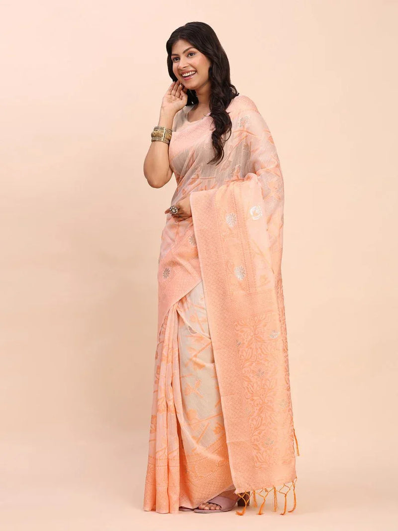 Peach Linen Cotton Saree With Blouse Piece - EZBER