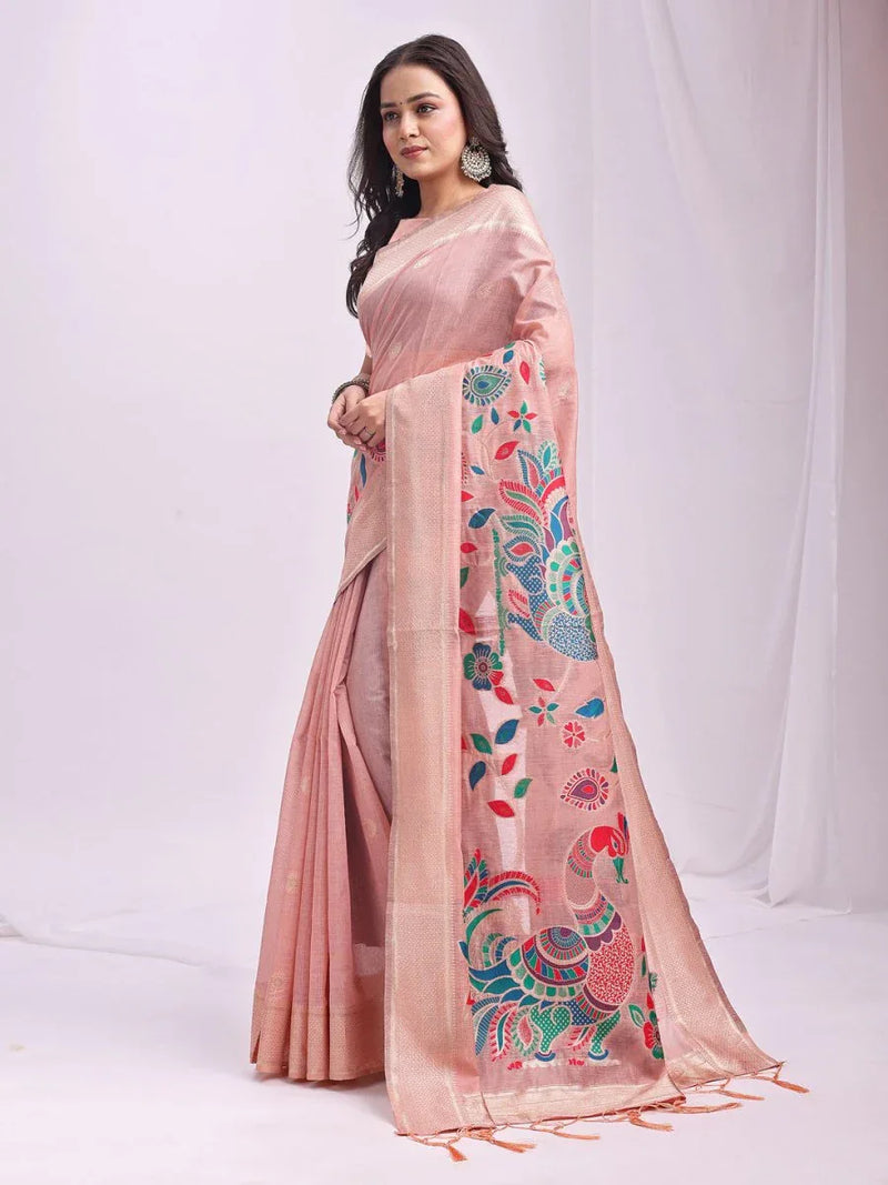 Peach Linen Cotton Saree With Blouse Piece - EZBER