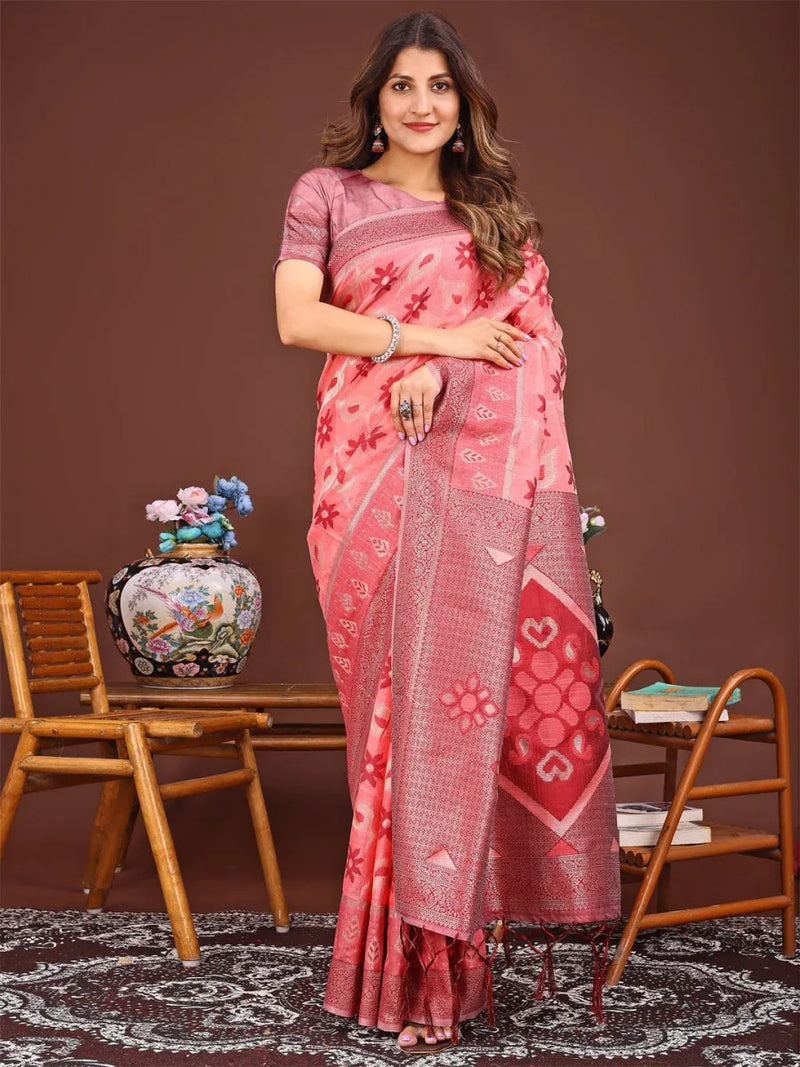 Peach Linen Cotton Saree With Blouse Piece - EZBER