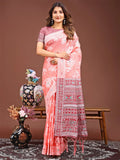 Peach Linen Cotton Saree With Blouse Piece - EZBER