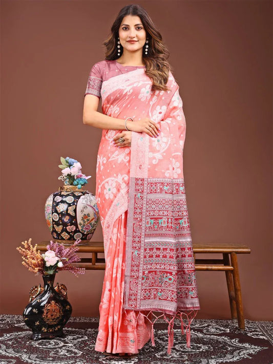 Peach Linen Cotton Saree With Blouse Piece - EZBER