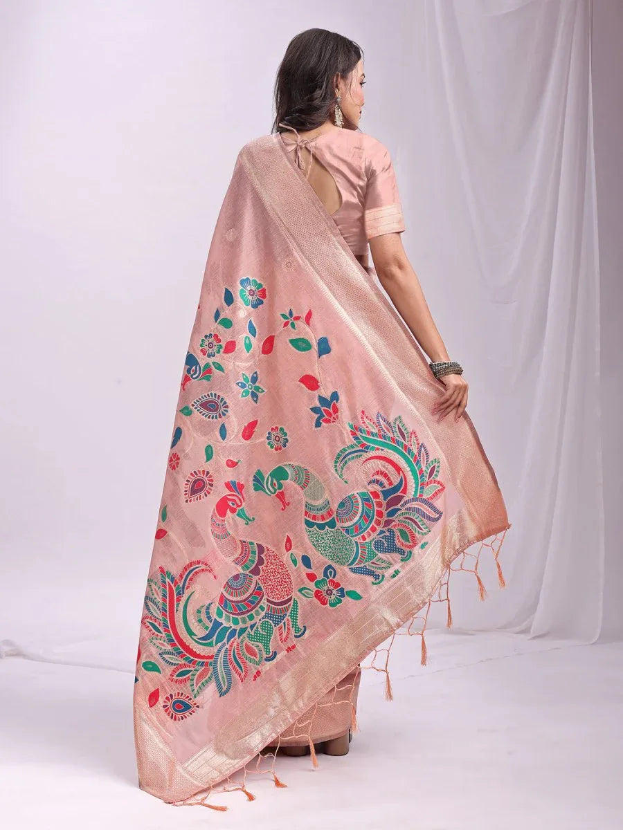 Peach Linen Cotton Saree With Blouse Piece - EZBER