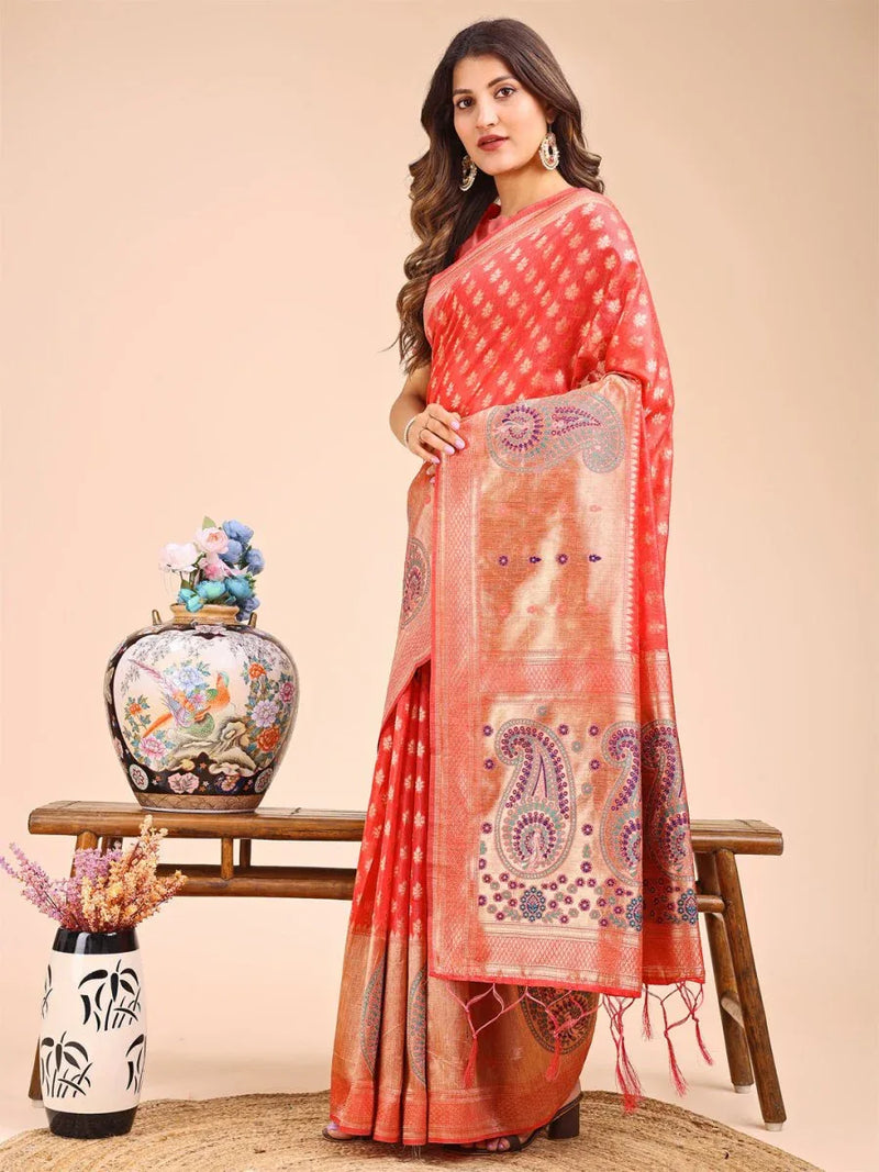 Peach Linen Cotton Saree With Blouse Piece - EZBER