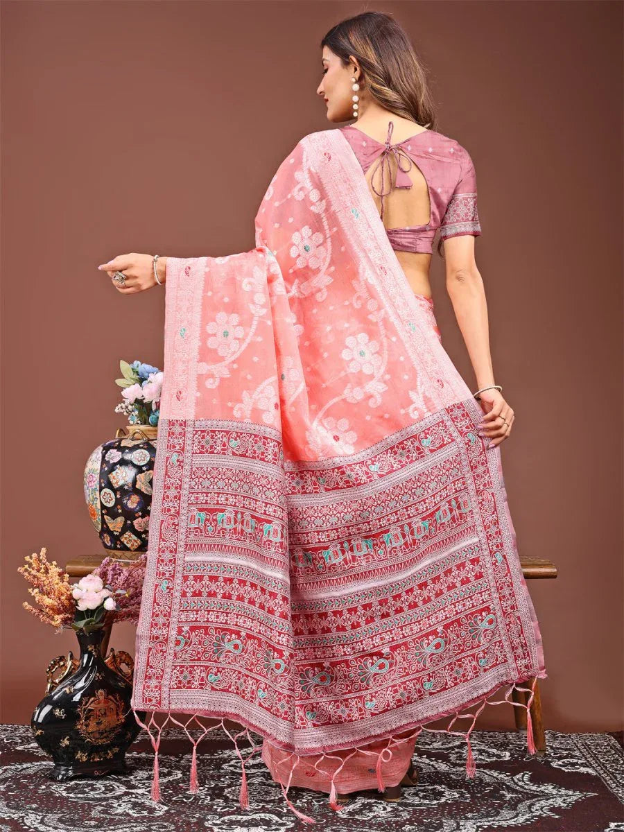 Peach Linen Cotton Saree With Blouse Piece - EZBER