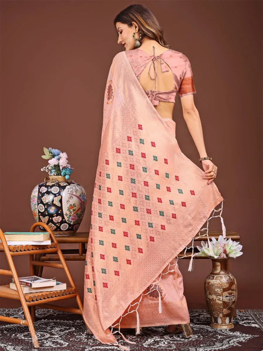 Peach Linen Cotton Saree With Blouse Piece - EZBER