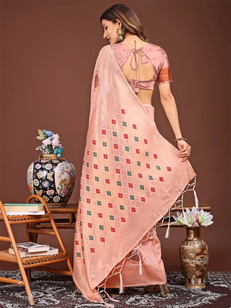 Peach Linen Cotton Saree With Blouse Piece - EZBER