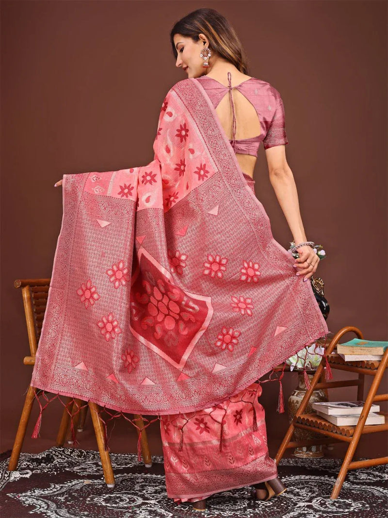 Peach Linen Cotton Saree With Blouse Piece - EZBER