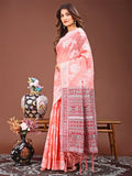 Peach Linen Cotton Saree With Blouse Piece - EZBER