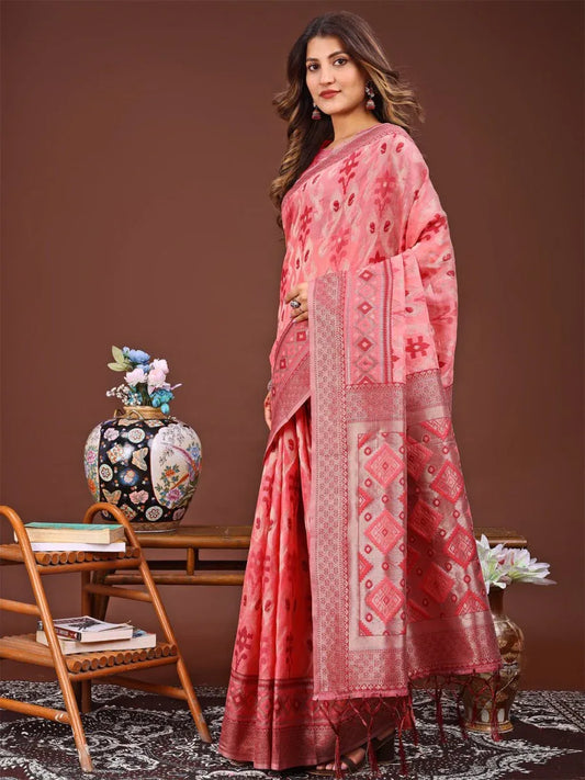 Peach Linen Cotton Saree With Blouse Piece - EZBER
