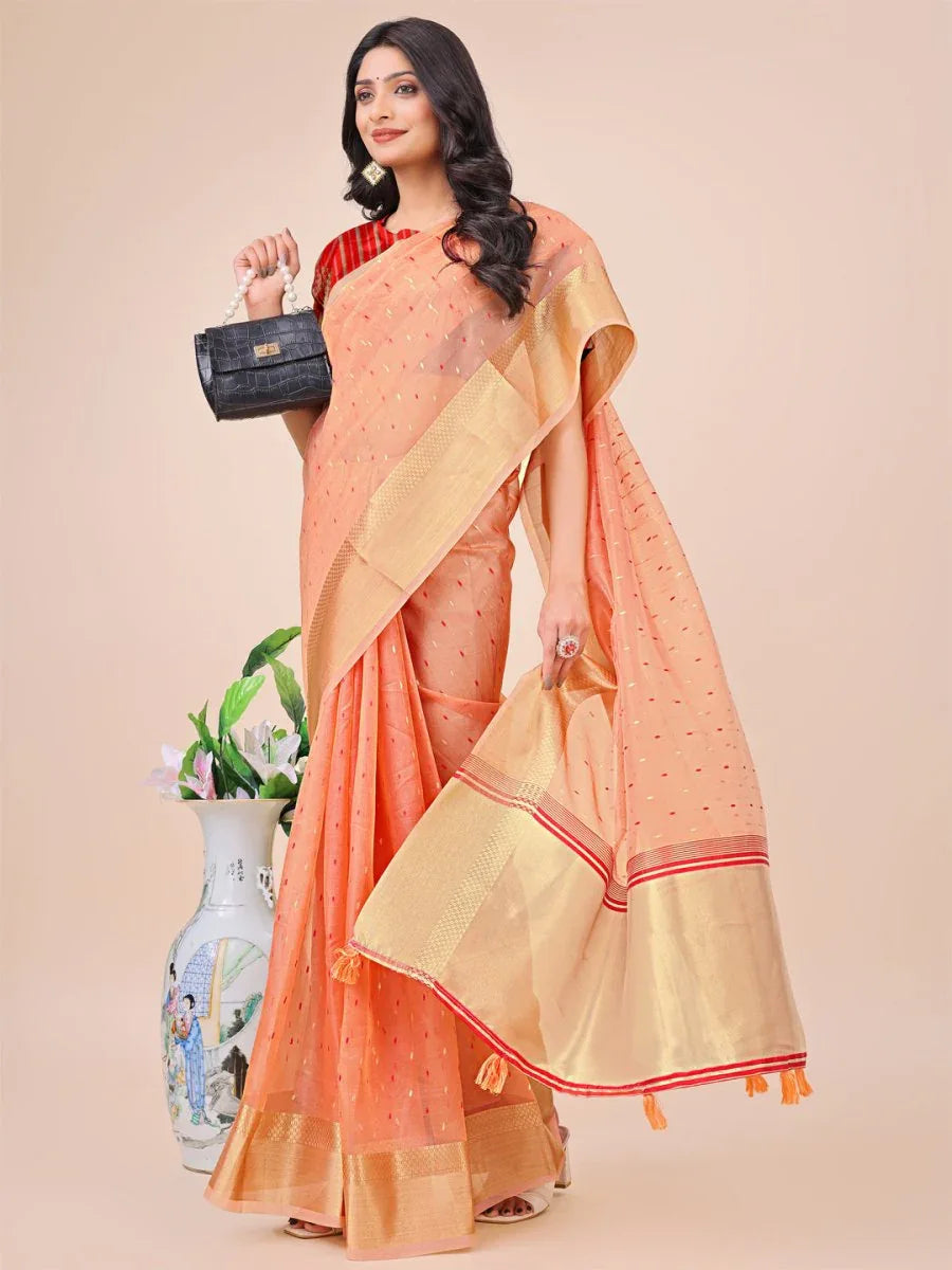 Peach Organza Saree With Blouse Piece - EZBER