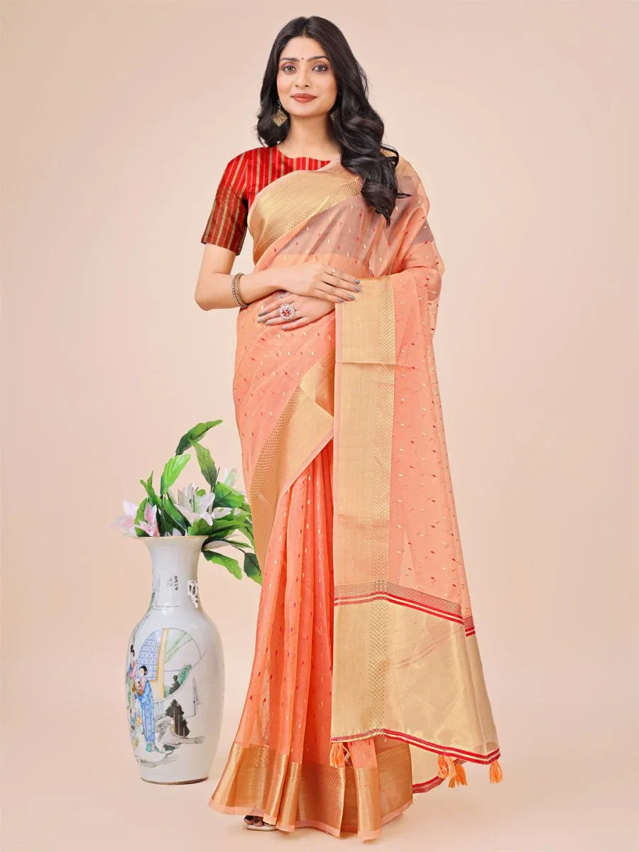 Peach Organza Saree With Blouse Piece - EZBER