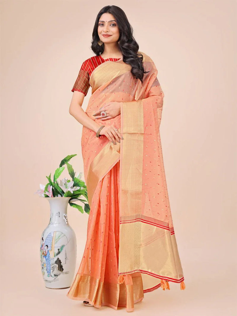 Peach Organza Saree With Blouse Piece - EZBER