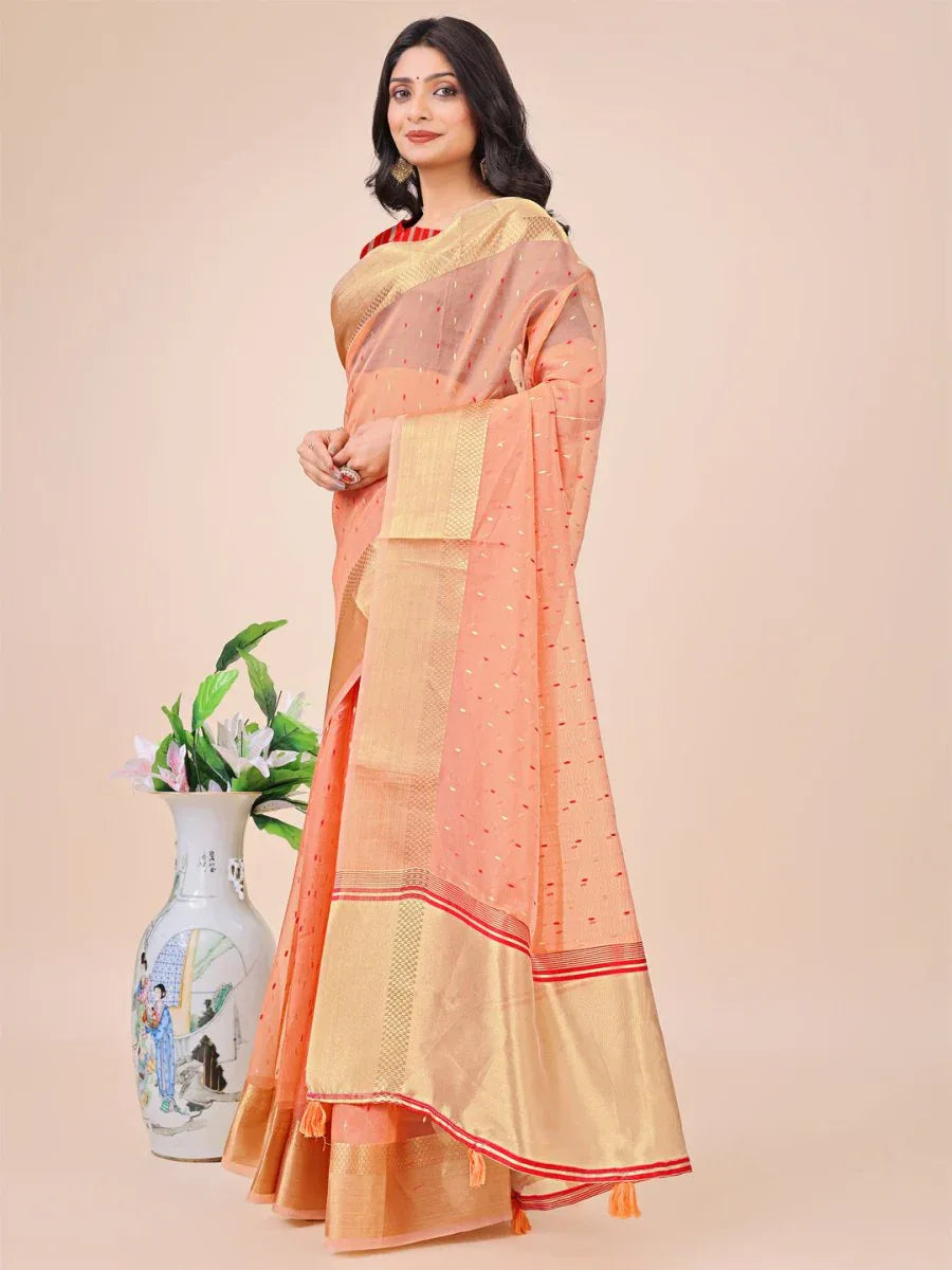 Peach Organza Saree With Blouse Piece - EZBER