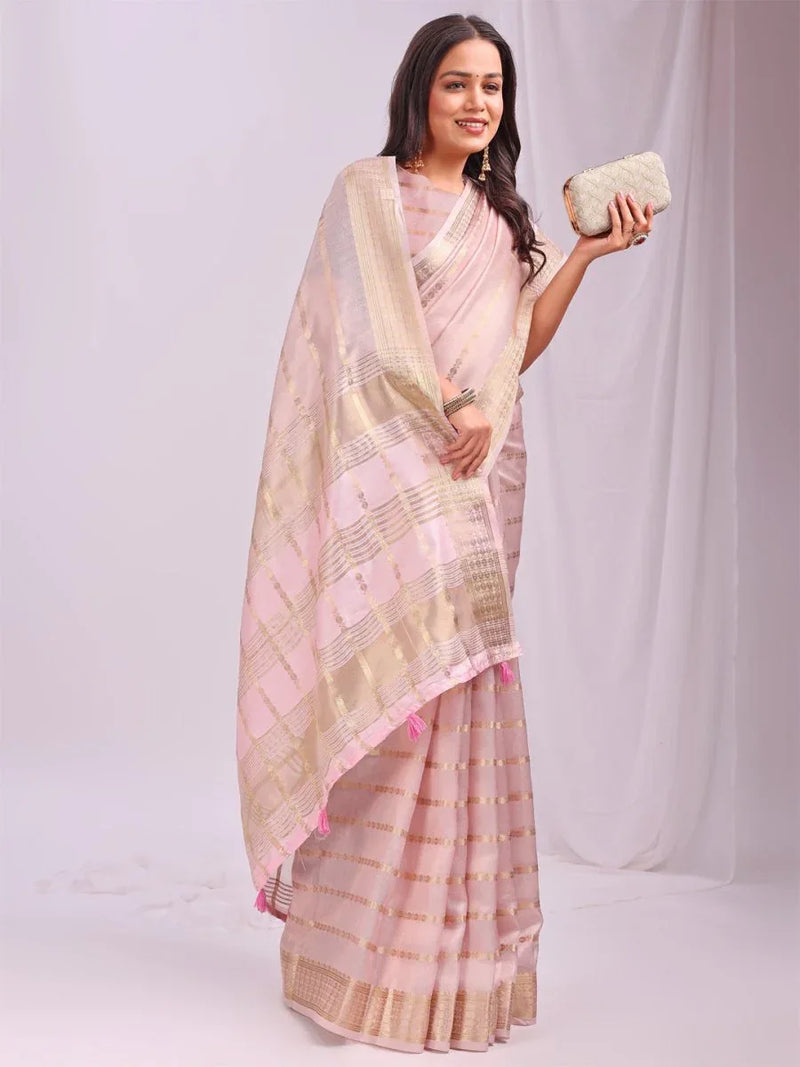 Peach PORTO Organza Saree with Blouse Piece - EZBER
