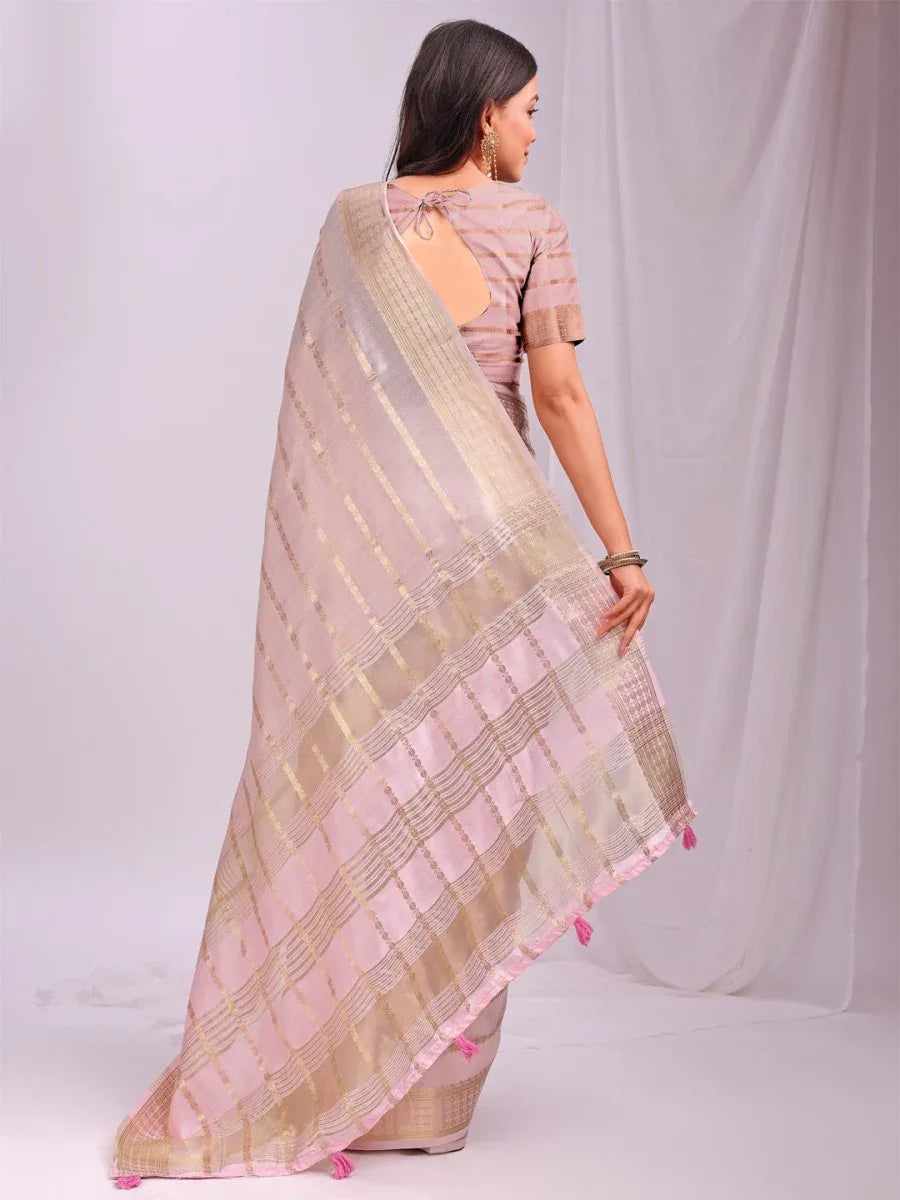 Peach PORTO Organza Saree with Blouse Piece - EZBER