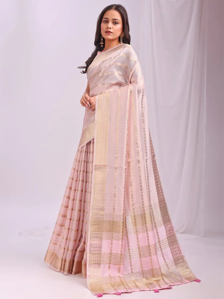 Peach PORTO Organza Saree with Blouse Piece - EZBER