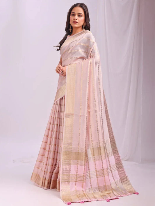 Peach PORTO Organza Saree with Blouse Piece - EZBER