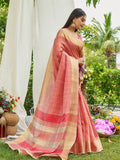 Peach Tissue Mosqus Saree With Blouse Piece - EZBER