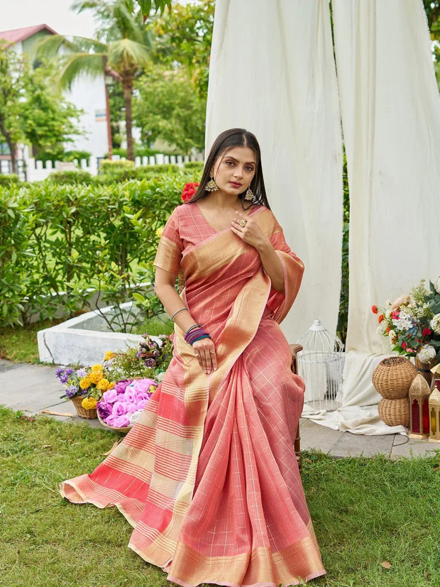 Peach Tissue Mosqus Saree With Blouse Piece - EZBER