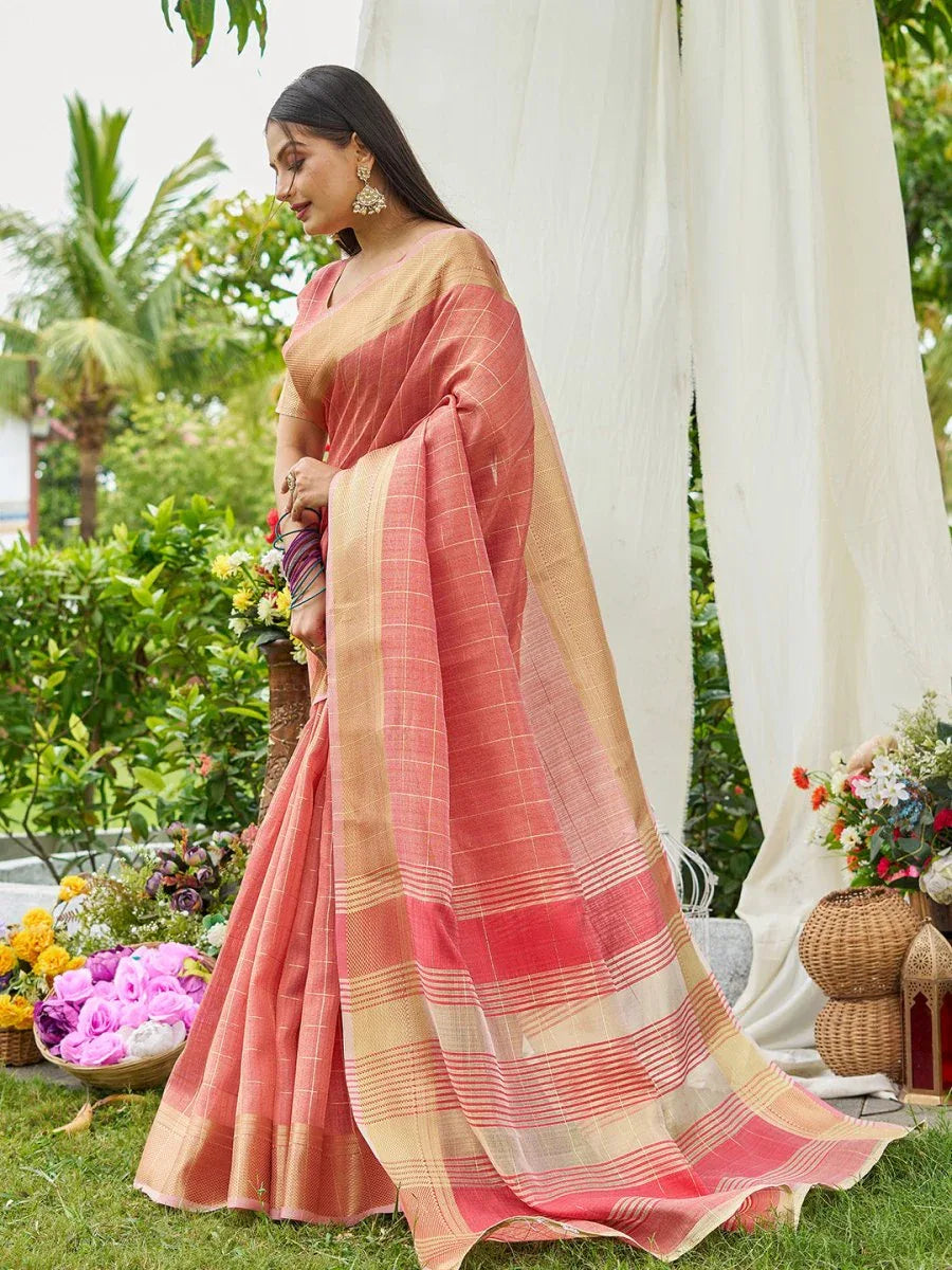 Peach Tissue Mosqus Saree With Blouse Piece - EZBER