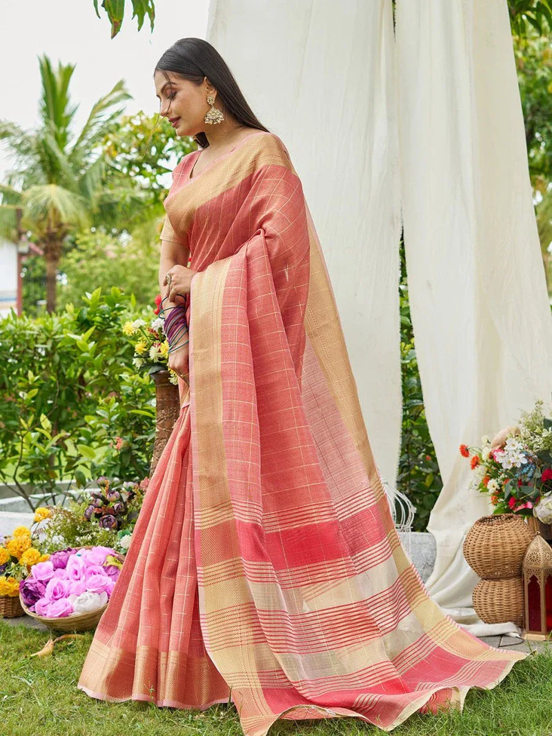Peach Tissue Mosqus Saree With Blouse Piece - EZBER