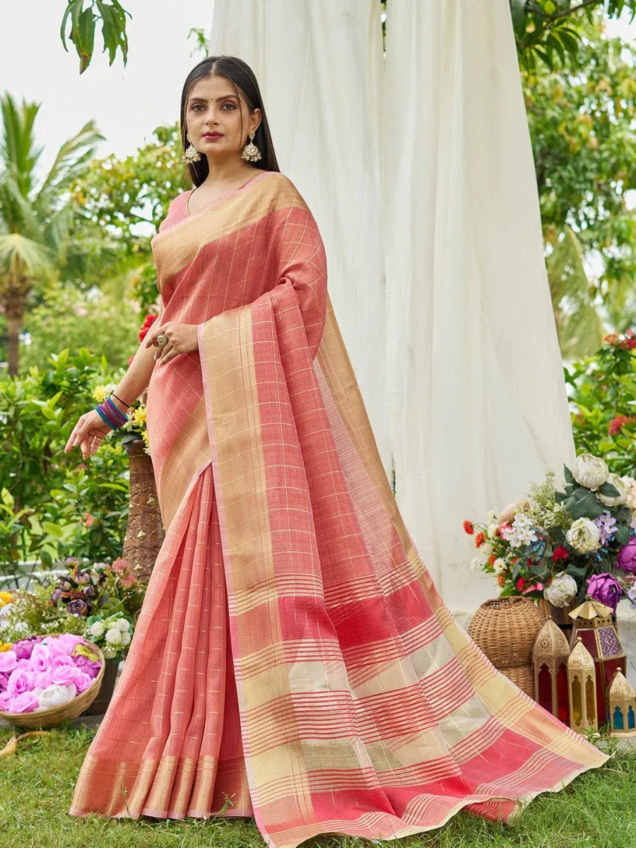 Peach Tissue Mosqus Saree With Blouse Piece - EZBER