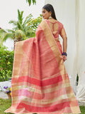 Peach Tissue Mosqus Saree With Blouse Piece - EZBER
