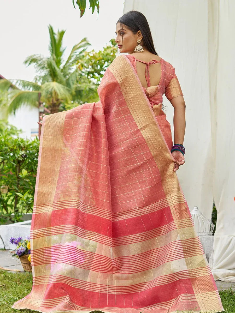Peach Tissue Mosqus Saree With Blouse Piece - EZBER