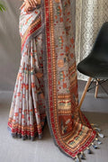 Pearl River Grey Kalamkari Saree - EZBER