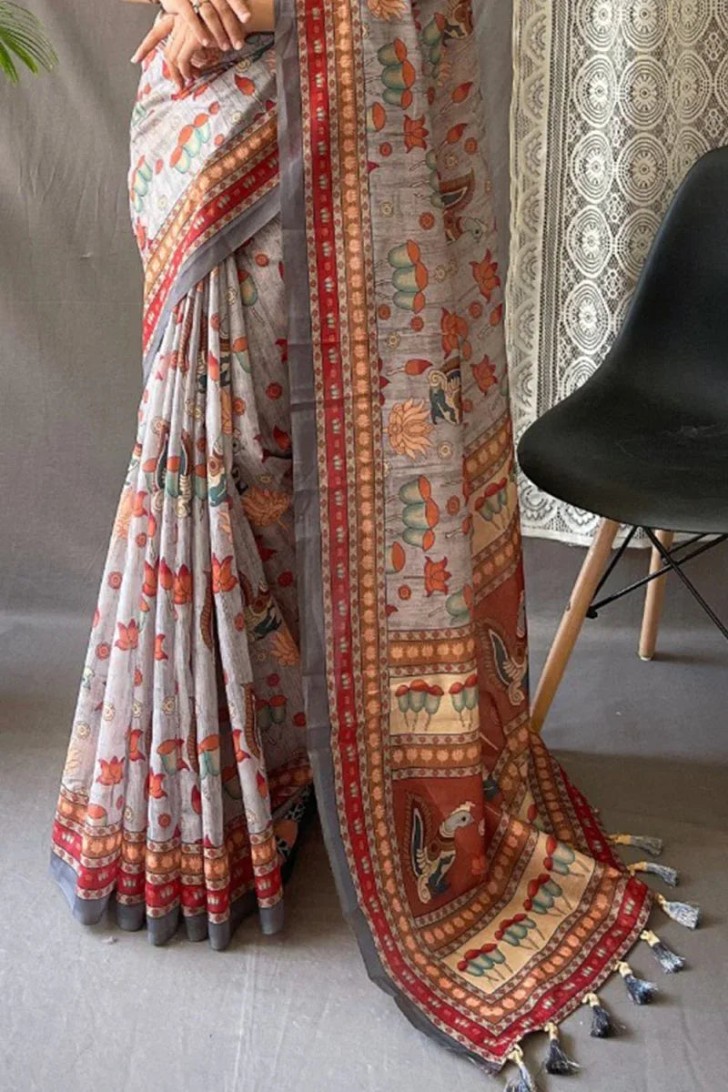 Pearl River Grey Kalamkari Saree - EZBER