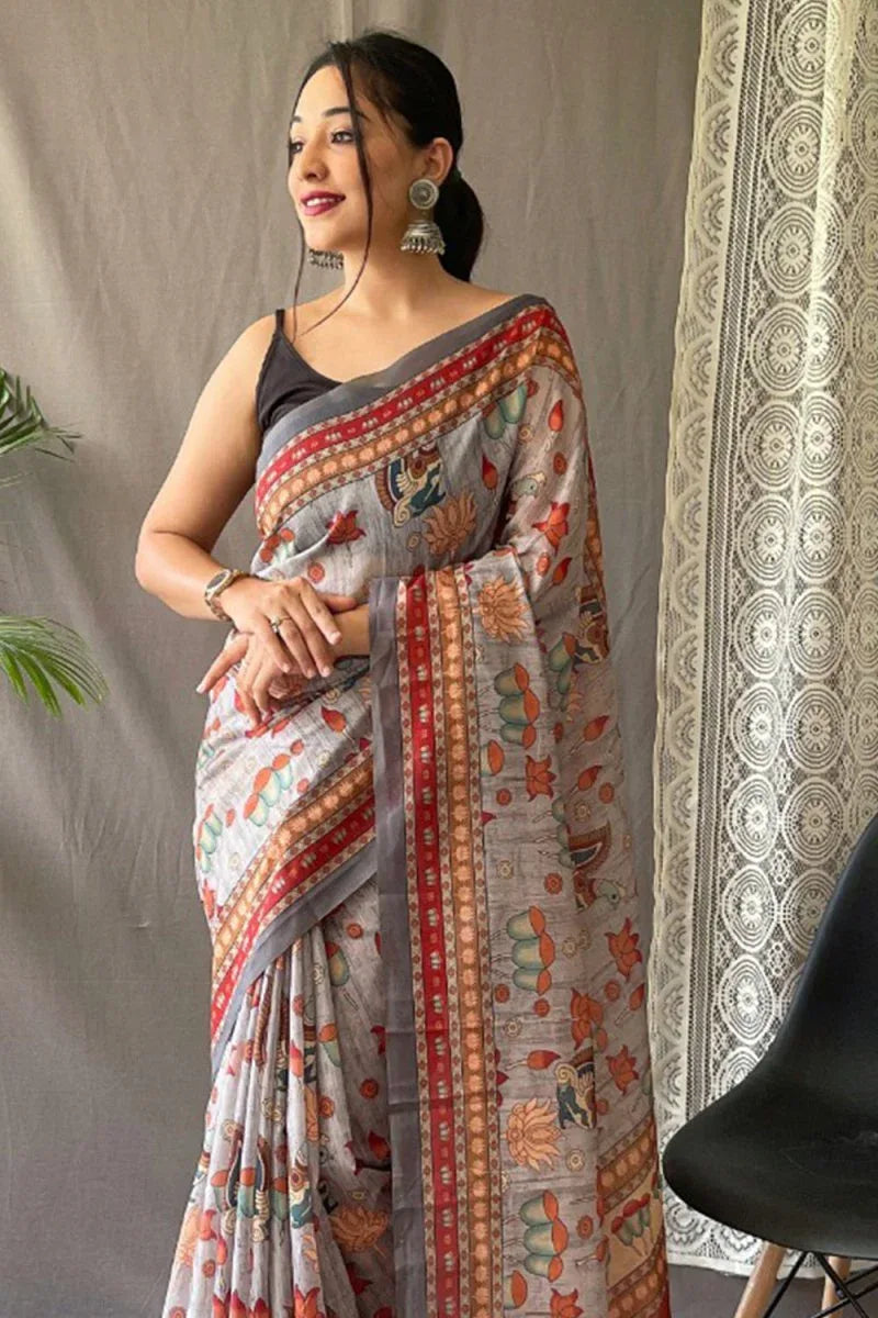 Pearl River Grey Kalamkari Saree - EZBER