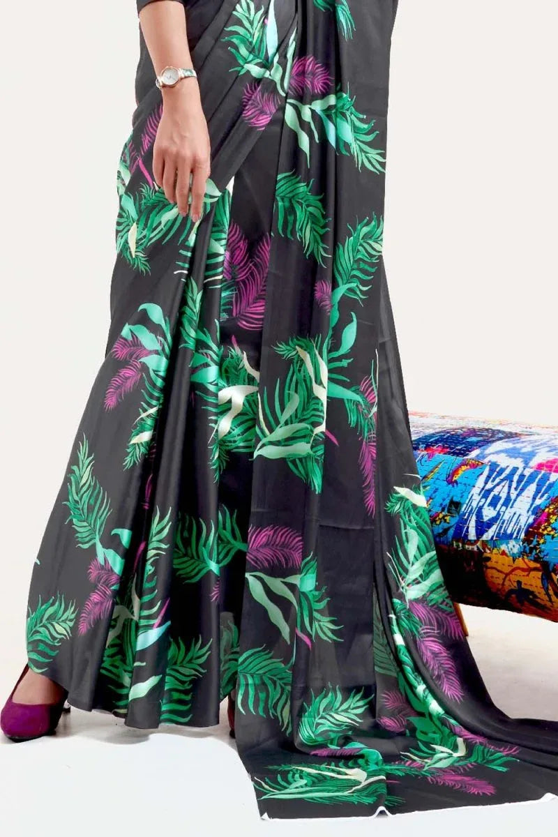 Pebble Grey Satin Crep Saree - EZBER