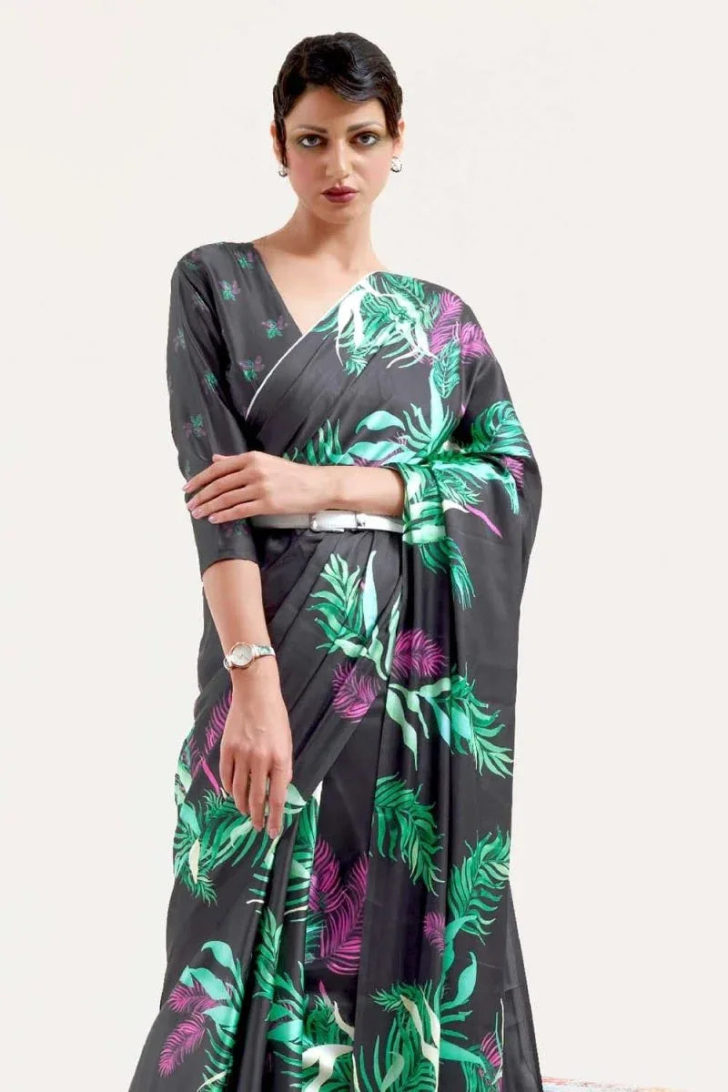 Pebble Grey Satin Crep Saree - EZBER