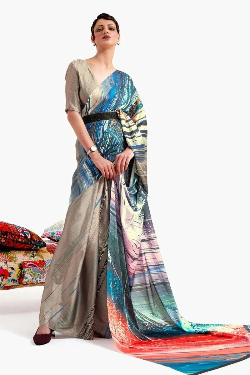Perfect Greige Satin Crep Saree - EZBER