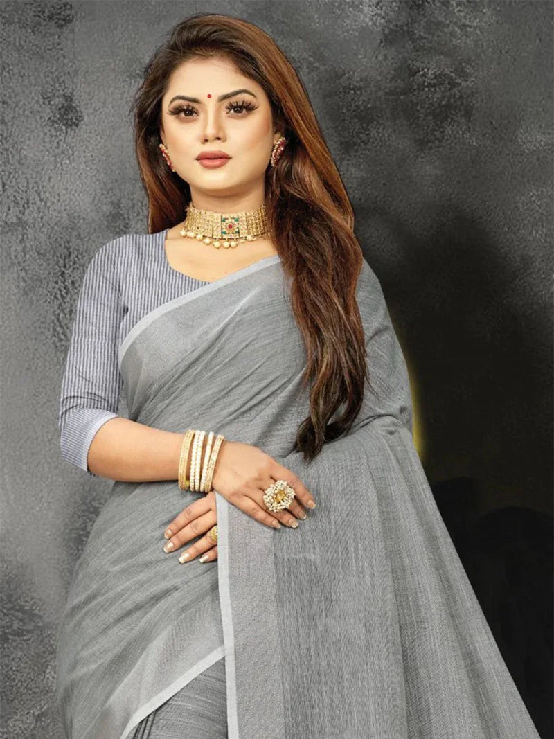 Pewter Grey Linen Blend Saree - EZBER