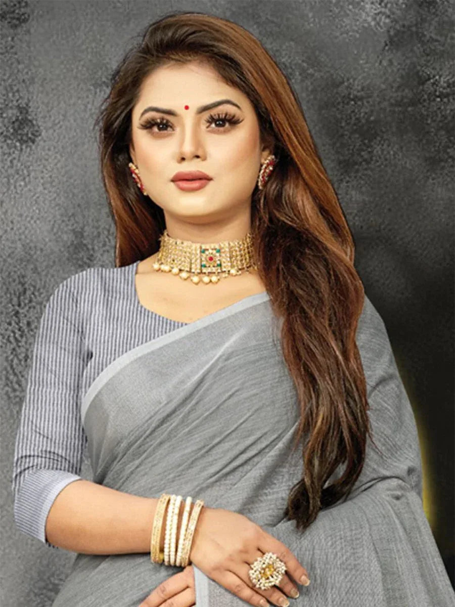 Pewter Grey Linen Blend Saree - EZBER