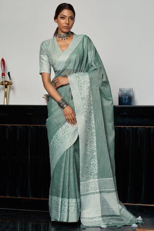 Pewter Grey Linen Blend Saree - EZBER