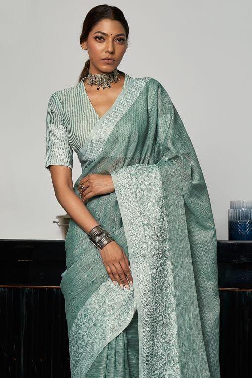 Pewter Grey Linen Blend Saree - EZBER