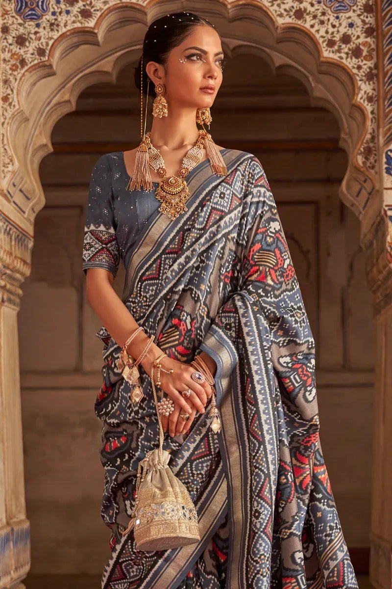 Pewter Grey Patola Saree - EZBER