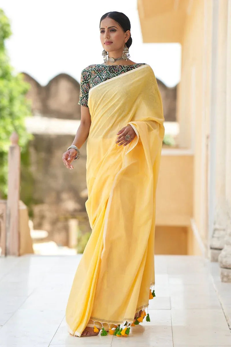 Pineapple Yellow Mulmul Cotton Saree - EZBER