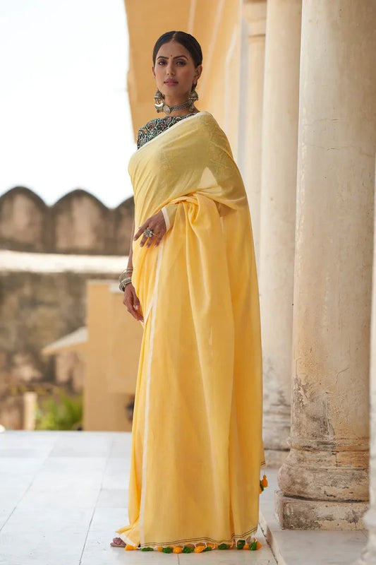 Pineapple Yellow Mulmul Cotton Saree - EZBER