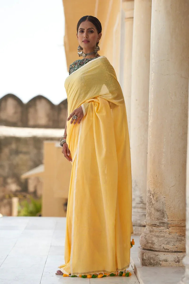 Pineapple Yellow Mulmul Cotton Saree - EZBER