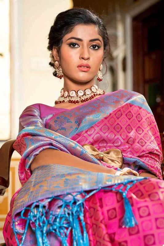 Pink And Blue Banarasi Saree - EZBER