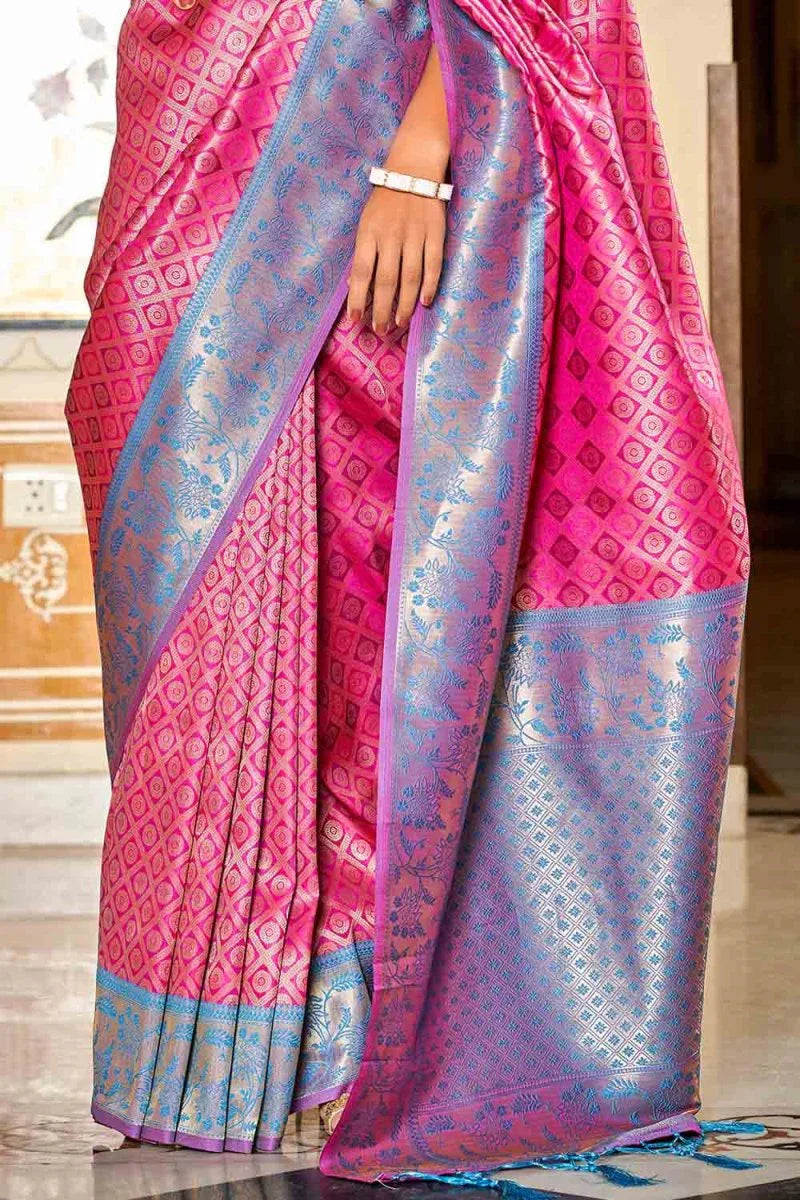 Pink And Blue Banarasi Saree - EZBER