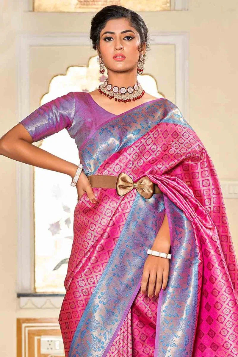 Pink And Blue Banarasi Saree - EZBER