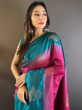 Pink And Blue Soft Silk Saree With Blouse Piece - EZBER