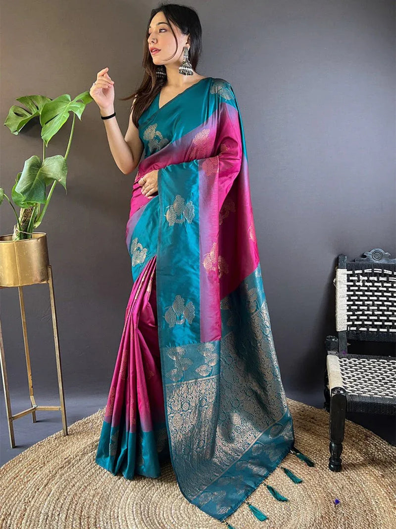 Pink And Blue Soft Silk Saree With Blouse Piece - EZBER