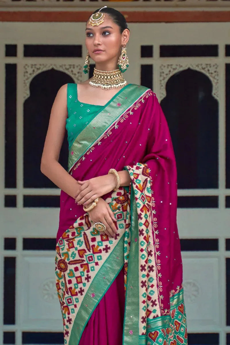 Pink And Green Patola Saree - EZBER