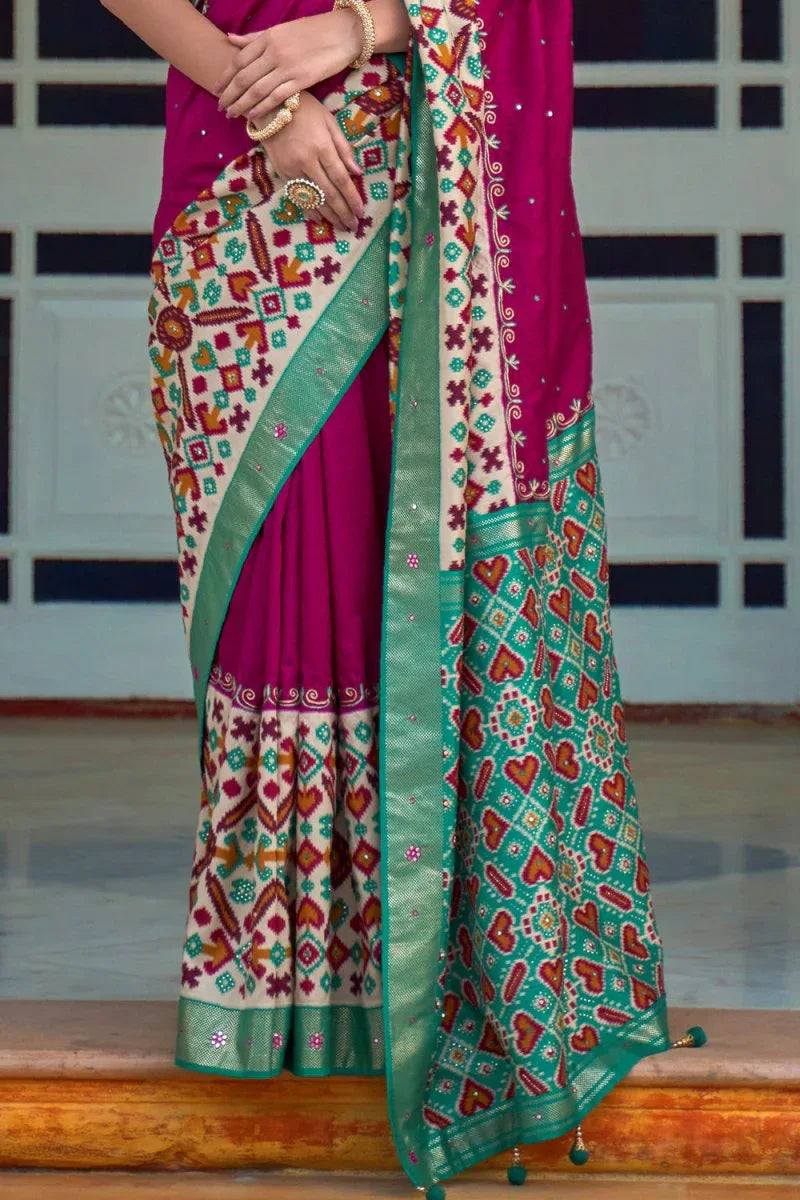 Pink And Green Patola Saree - EZBER